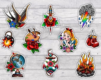 10 Traditional Premium Water-resistant Vinyl Sticker Set | Glossy | 3 inch | Alice | Bird | Anchor | Bomb | Dagger | Fire Globe