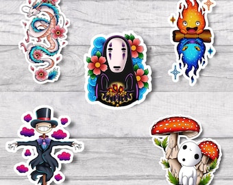 Ghibli Premium Water-resistant Vinyl Sticker Set | Glossy Finish | 3.5 Inch | Haku | Calcifer | No-Face | Kodama | Turnip