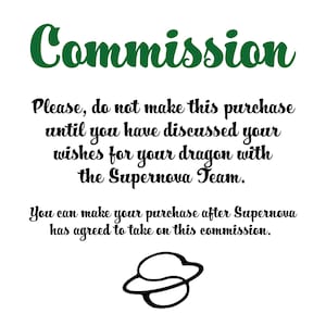 Può includere: Uno sfondo bianco con testo nero che dice "Commission". Il testo sotto dice "Per favore, non effettuare questo acquisto finché non hai discusso i tuoi desideri per il tuo drago con il team Supernova. Puoi effettuare il tuo acquisto dopo che Supernova ha accettato di assumere questa commissione."