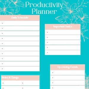 May include: A turquoise productivity planner with floral accents. The planner has sections for daily schedule, important tasks, upcoming events, and notes & things.