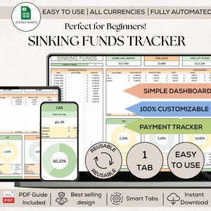 May include: A digital financial planning tool displayed on a laptop, tablet, and smartphone. The interface features a "Sinking Funds Tracker" with charts and data. Text includes "Easy to Use," "Simple Dashboard," and "Payment Tracker."