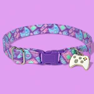 Cat Collar- "Gamer Kitty" Adjustable Breakaway Safety Quick-Release Collar, video game controllers, purple, teal, vibrant, gaming, arcade