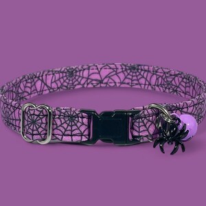 Cat Collar- "Spooky Spiderwebs” Adjustable Breakaway Safety Quick-Release Collar, Halloween, black spider, purple, gothic, creepy, spiderweb
