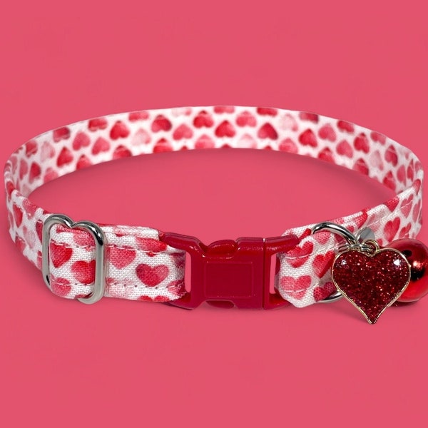 Cat Collar- "Tiny Hearts” Adjustable Breakaway Safety Quick-Release Collar, Valentine’s Day, love, cupid, red, pink, kisses, cutesy, pretty