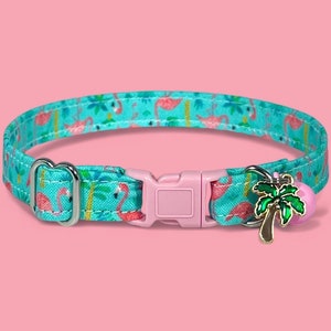 Cat Collar- "Tropical Flamingos” Adjustable Breakaway Safety Quick-Release Collar, summer, fun, bright, vibrant, vacation, beach, palm tree