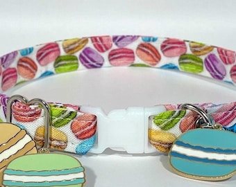 Collar para gatos "Macarons", ajustable, de seguridad, de liberación rápida, con dije, francés, galleta, comida, dulces, postre, panadería, colorido