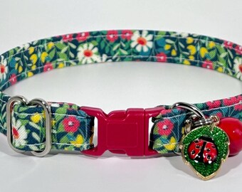 Cat Collar- “Ladybug Meadow” Adjustable Breakaway Safety Quick-Release Collar, spring, summer, mushroom, cottage, daisy, garden, floral