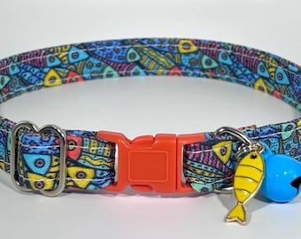 Cat Collar- “Fish Frenzy” Adjustable Breakaway Safety Quick-Release Collar, blue, colorful, ocean, beach, fishy, water, summer, boho, artsy