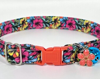 Cat Collar- “Tropical Hibiscus” Adjustable Breakaway Safety Quick-Release Collar, floral, flowers, colorful, bright, beachy, summer, girly