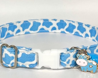 Cat Collar- “Blue Cow” Adjustable Breakaway Safety Quick-Release Collar, cow print, spots, farm, milk, dairy, moo, fun, boy, animal print