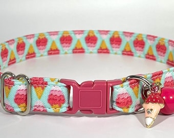 Cat Collar- “Strawberry Ice Cream" Adjustable Breakaway Safety Quick-Release Collar, summer, scoop, sundae, pink, girly, ice cream cone