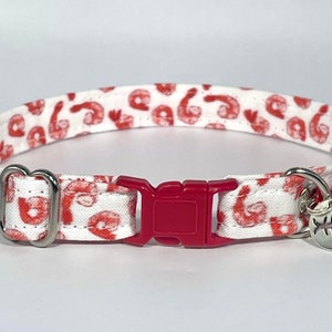 Cat Collar- "Jumbo Shrimp” Adjustable Breakaway Safety Quick-Release Collar, prawn, seafood, fish, food, funny, sushi, ocean, white, red