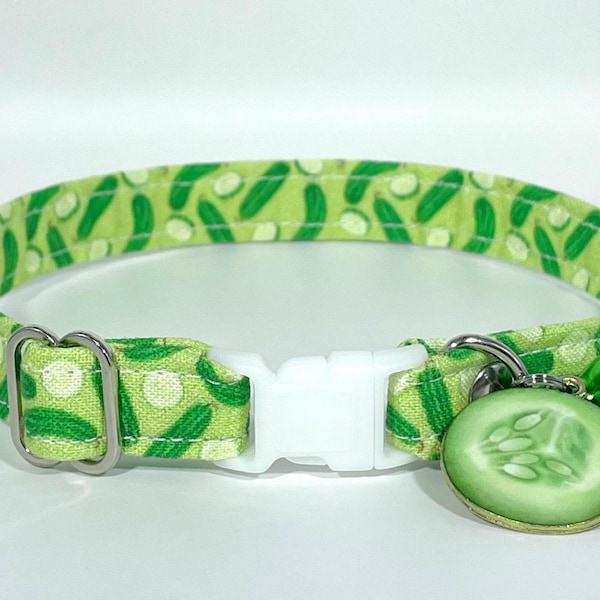 Cat Collar- "Pickles" Adjustable Breakaway Safety Quick-Release Collar with Charm, food, pickle spear, cucumber, vinegar, dill, slice, snack
