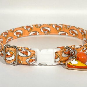 May include: Orange and white fabric dog collar with a pumpkin pie charm. The collar has a white plastic buckle and a silver D-ring.