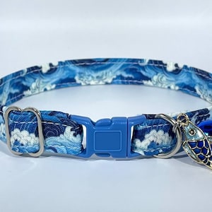 Cat Collar- “Ocean Waves” Adjustable Breakaway Safety Quick-Release Collar, beach, koi fish, lake, blue, water, sea, marine, tides, nautical