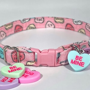 Cat Collar- “Pink Conversation Hearts” Adjustable Breakaway Safety Quick-Release Collar, Valentine’s Day, cute, candy heart, pastel, sweet