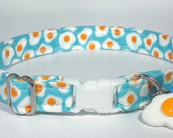 Cat Collar- "Fried Eggs" Adjustable Breakaway Safety Quick-Release Collar with Charm, omelet, chicken, food, kawaii, cute, breakfast, blue