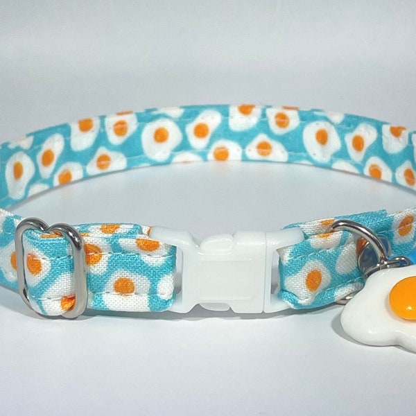 Cat Collar- "Fried Eggs" Adjustable Breakaway Safety Quick-Release Collar with Charm, omelet, chicken, food, kawaii, cute, breakfast, blue