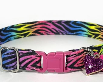 Cat Collar- “Rainbow Stripes" Adjustable Breakaway Safety Quick-Release Collar, zebra, tiger, animal print, jungle, y2k, vibrant, colorful