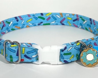 Cat Collar- "Sprinkles in Blue” Adjustable Breakaway Safety Quick-Release Collar, cake, birthday, ice cream sundae, cupcake, donut, dessert