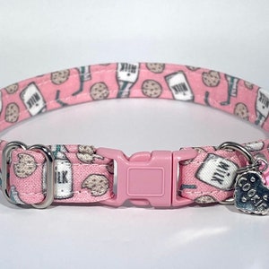 Cat Collar- "Strawberry Milk and Cookies" Adjustable Breakaway Safety Quick-Release Collar, pink, chocolate chip cookie, food, cute, girl