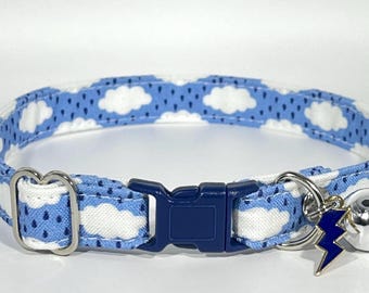 Cat Collar- “Stormy Day” Adjustable Breakaway Safety Quick-Release Collar, rain, clouds, storm, lightning, cloud, raindrop, water, thunder