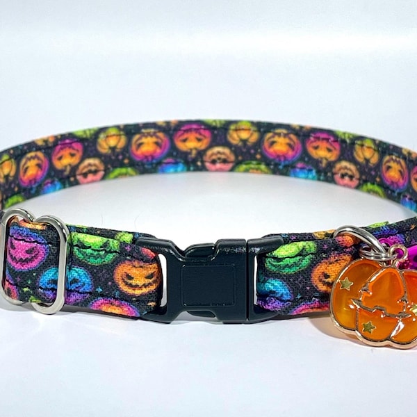 Cat Collar- "Ghoulish Pumpkins" Adjustable Breakaway Safety Quick-Release Collar, Halloween, vibrant, colorful, jack-o-lanterns, spooky