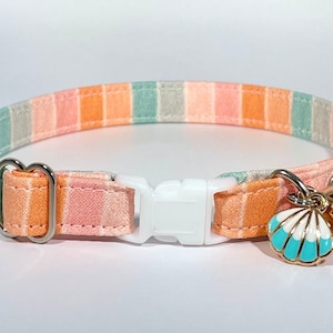 Cat Collar- &quot;Beachy Stripes&quot; Adjustable Breakaway Safety Quick-Release Collar, seashells, starfish, shells, coral, ocean, nautical, beach
