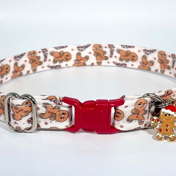 Cat Collar- "Ninjabread Men” Adjustable Breakaway Safety Quick-Release Collar, fighting ginderbread men, funny, candy cane, Christmas cookie