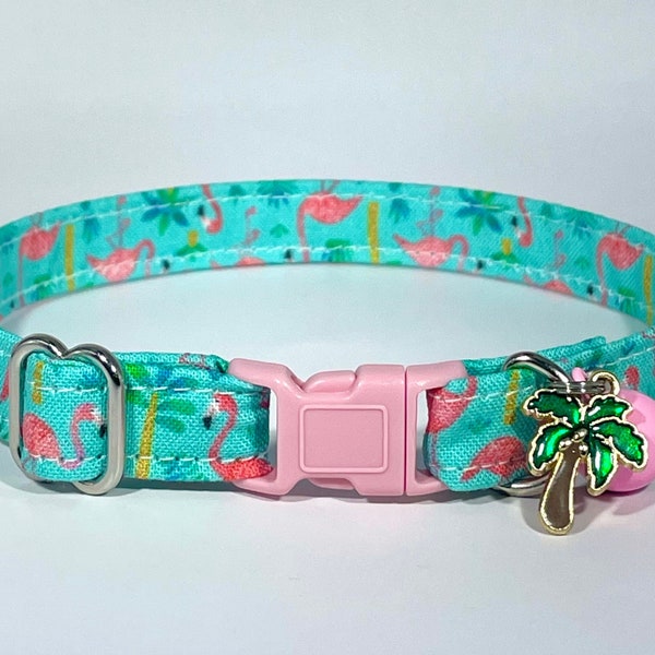 Cat Collar- "Tropical Flamingos” Adjustable Breakaway Safety Quick-Release Collar, summer, fun, bright, vibrant, vacation, beach, palm tree