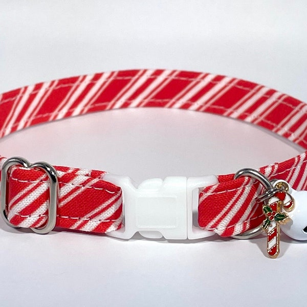 Cat Collar- "Candy Cane Stripes” Adjustable Breakaway Safety Quick-Release Collar, Christmas, peppermint, holly, festive, winter, holiday