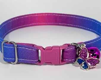 Cat Collar- “Berry Ombré” Adjustable Breakaway Safety Quick-Release Collar, pink purple blue gradient, butterfly, girly, cute, violet