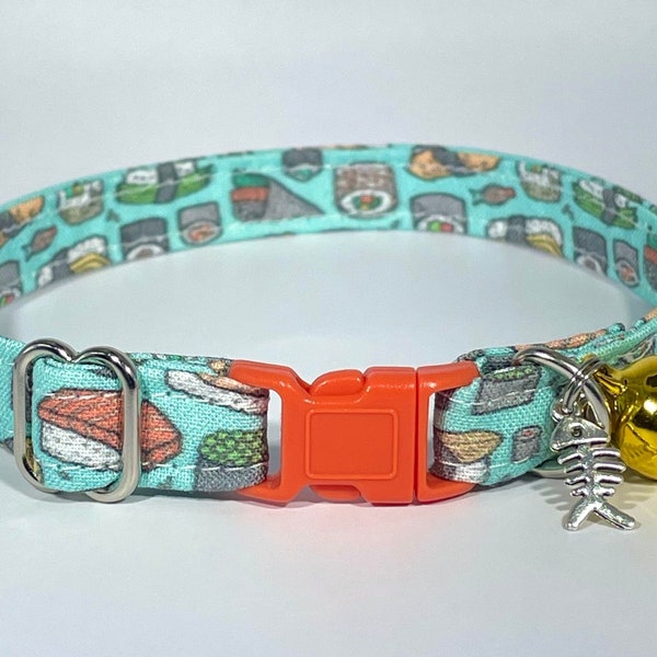 Cat Collar- "Sushi Roll" Adjustable Breakaway Safety Quick-Release Collar, fish, food, salmon, tuna, rice, cute, blue, funny, cooking, charm