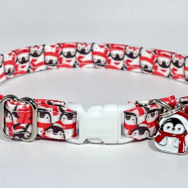 Cat Collar- "North Pole Penguins” Adjustable Breakaway Safety Quick-Release Collar, Santa hats, Christmas, festive, Santa Claus, holiday