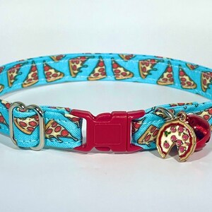 Cat Collar- "Pizza Party" Adjustable Breakaway Safety Quick-Release Collar, blue, cheese, food, funny, cute, blue, red, sauce, pepperoni