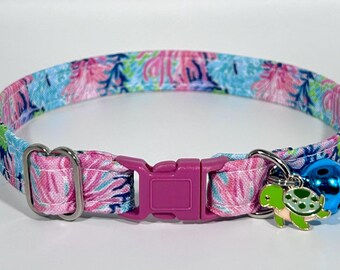 Cat Collar- “Coral Reef” Adjustable Breakaway Safety Quick-Release Collar, blue, pink, sea turtle, bright, colorful, summer, beach, ocean