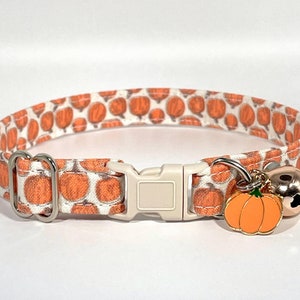 May include: A white and orange cat collar with a pumpkin pattern and a pumpkin charm with a bell.