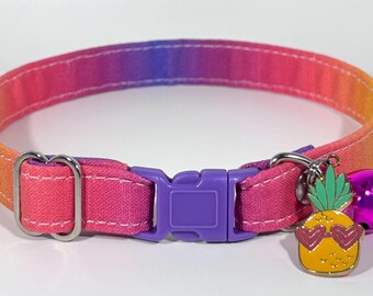 Cat Collar- “Sunset Ombré” Adjustable Breakaway Safety Quick-Release Collar, tropical, gradient, pineapple, summer, pink, purple, beach