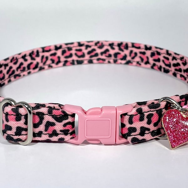 Cat Collar- "Pink Leopard Print” Adjustable Breakaway Safety Quick-Release Collar, Valentine’s Day, cheetah, girly, cute, heart, pretty