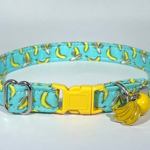 Cat Collar- "Go Bananas!” Adjustable Breakaway Safety Quick-Release Collar, fruit, blue, yellow, tropical, monkey, vibrant, food, summer