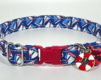 Cat Collar- “Sailboats” Adjustable Breakaway Safety Quick-Release Collar, sailboat, boat, summer, nautical, ship, sailing, beach, ocean, sea