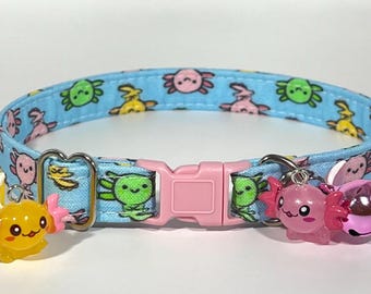 Cat Collar- “Axolotl” Adjustable Breakaway Safety Quick-Release Collar, blue, salamander, amphibian, aquatic, aquarium, fish, cute, pastel