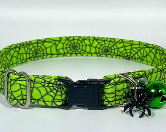 Cat Collar- "Spooky Spiderwebs in Lime” Adjustable Breakaway Collar