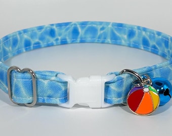 Cat Collar- “Pool Party!” Adjustable Breakaway Safety Quick-Release Collar, blue water, swimming pool, summer vacation, beach ball, tropical