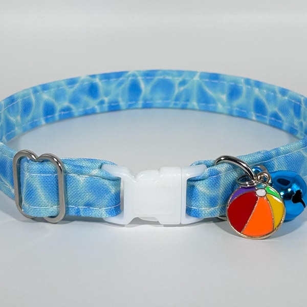 Cat Collar- “Pool Party!” Adjustable Breakaway Safety Quick-Release Collar, blue water, swimming pool, summer vacation, beach ball, tropical