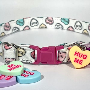 Cat Collar- “White Conversation Hearts”Adjustable Breakaway Safety Quick-Release Collar, Valentine’s Day, cute, candy heart, pastel, sweet