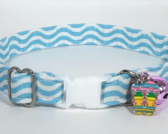 Cat Collar- “Beachy Waves” Adjustable Breakaway Safety Quick-Release Collar, blue, white, wavy, wave, summer, beach, nautical, aqua, coastal