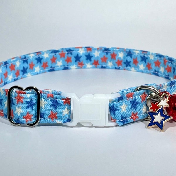 Cat Collar- “Starry July" Adjustable Breakaway Safety Quick-Release Collar, Fourth of July, Independence Day, Memorial Day, USA, stars, blue