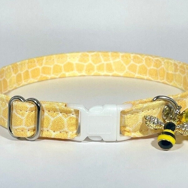 Cat Collar- "Honeycomb" Adjustable Breakaway Safety Quick-Release Collar, bees, bumblebee, honey bee, hive, gardening, cute, yellow, gold