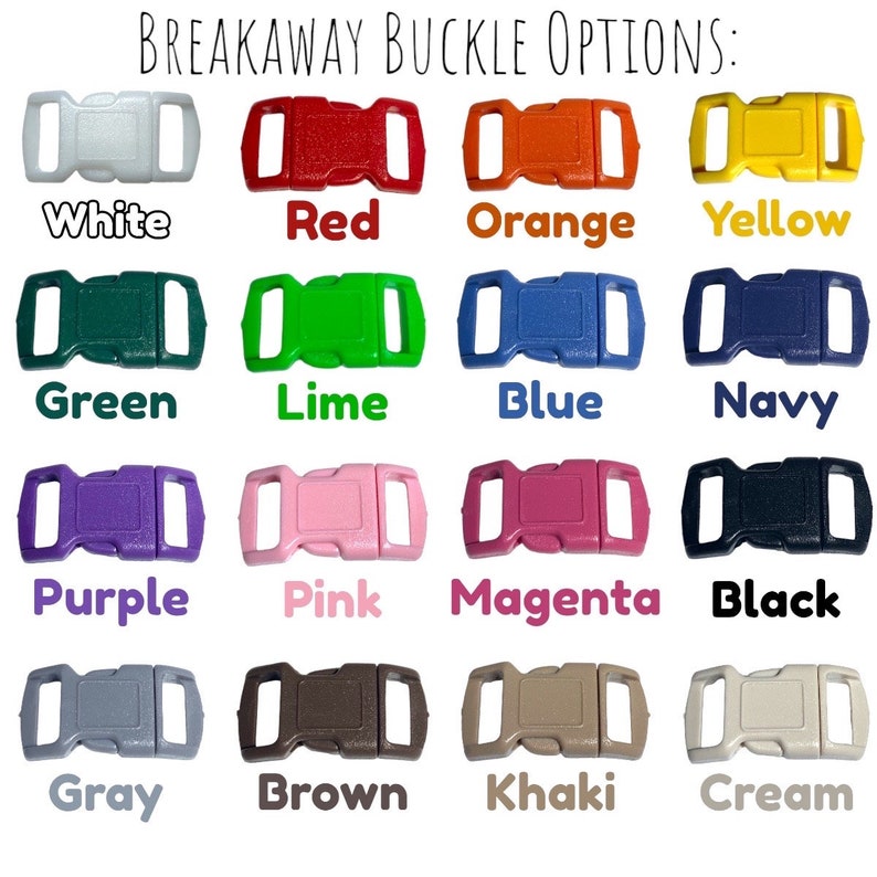 Puede incluir: Una selecci&oacute;n de hebillas de seguridad en varios colores, incluyendo blanco, rojo, naranja, amarillo, verde, lima, azul, azul marino, morado, rosa, magenta, negro, gris, marr&oacute;n, caqui y crema.